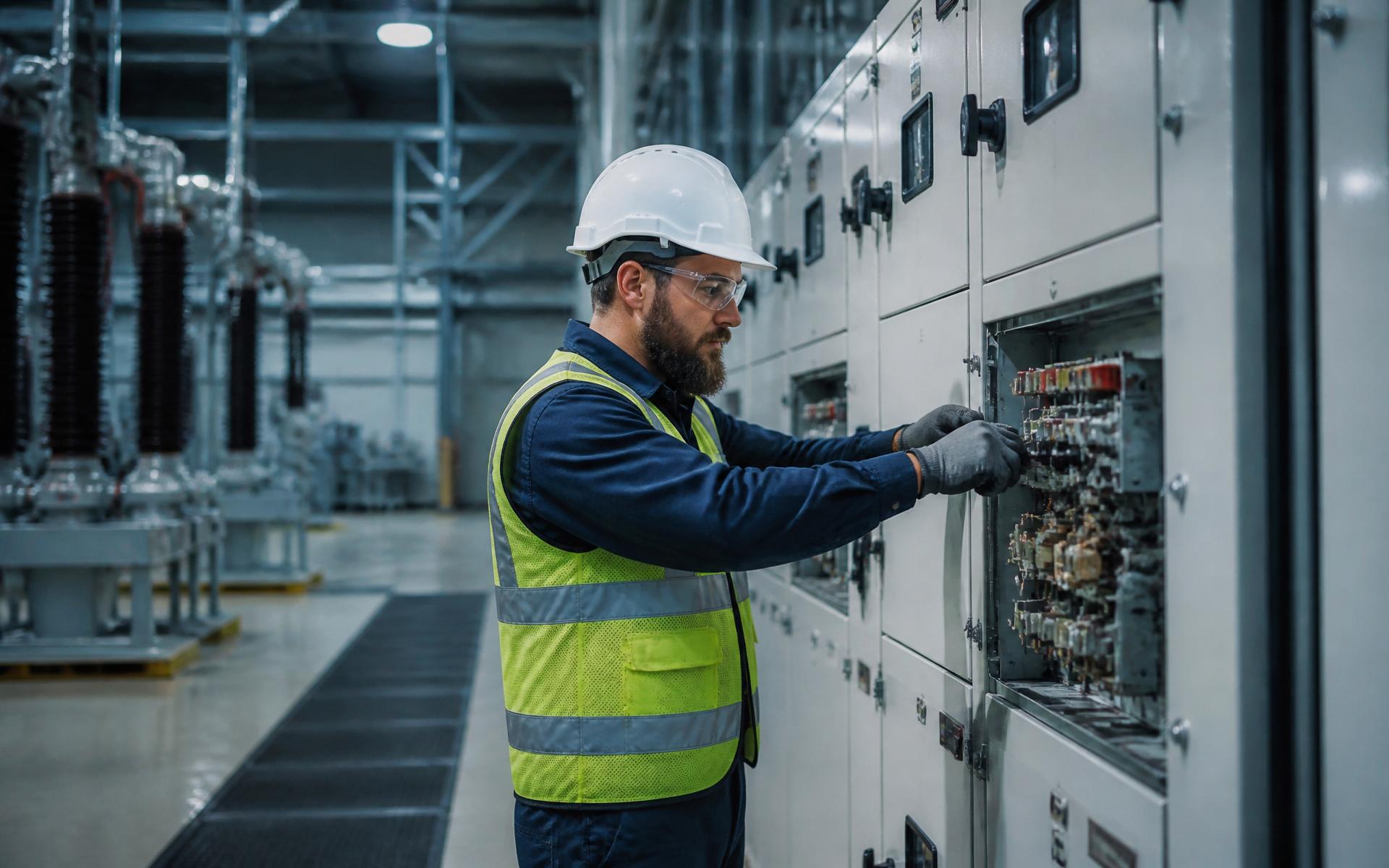 Ingeniero eléctrico realizando trabajos en una subestación industrial.