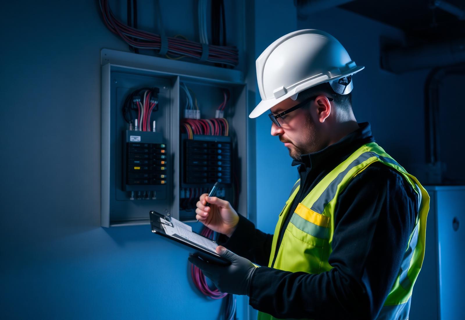 Inspector realizando verificación en tablero eléctrico.